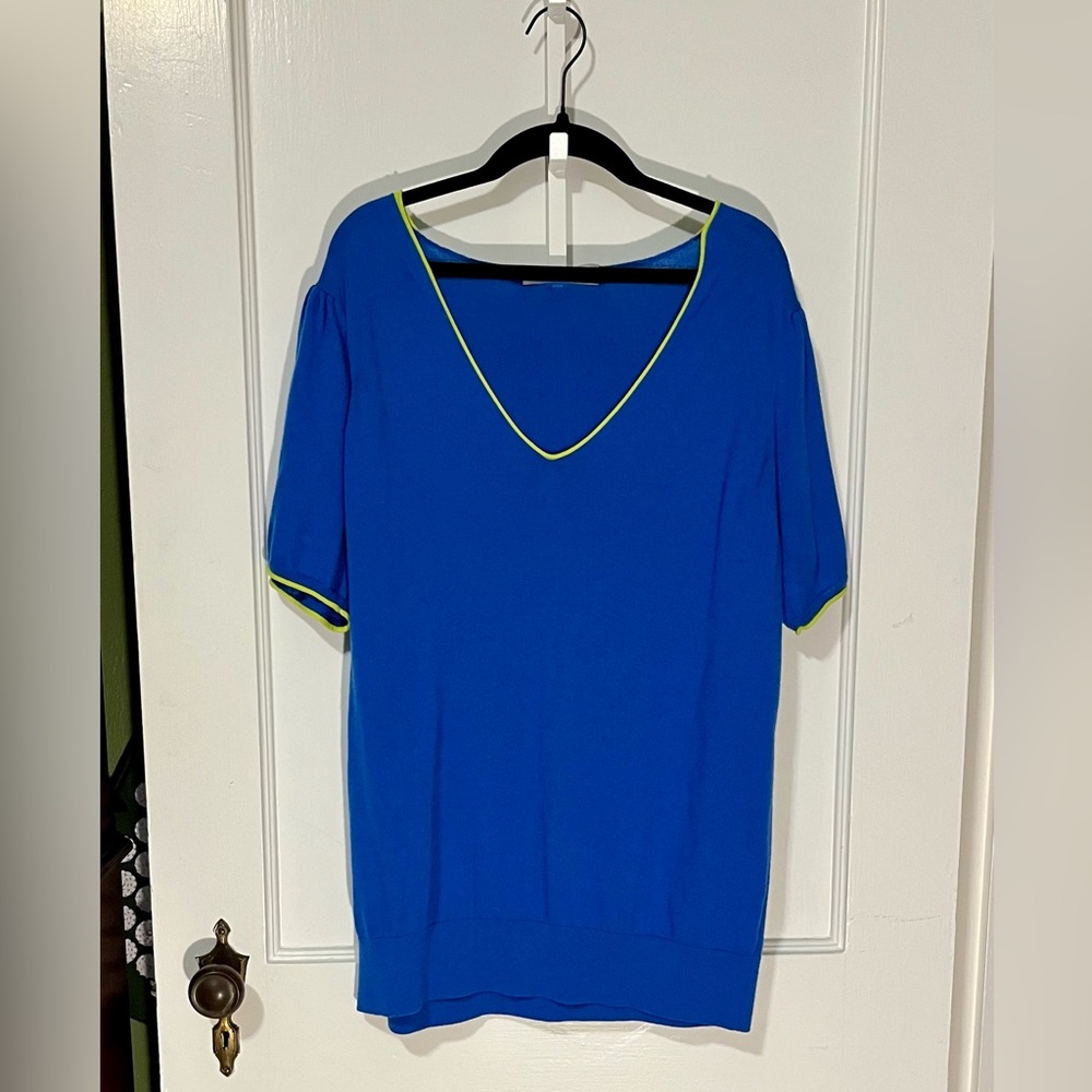 Cove Blue V-Neck Blouse with Green Trim